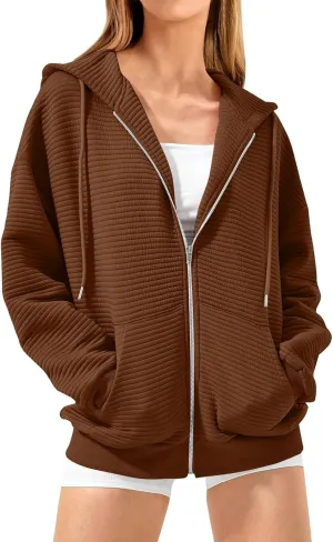 Womens Hoodie Full Zipper Casual Long Sleeve Hooded Solid Color Drawstring Pullover Drop Shoulder Tops Kangaroo Pocket