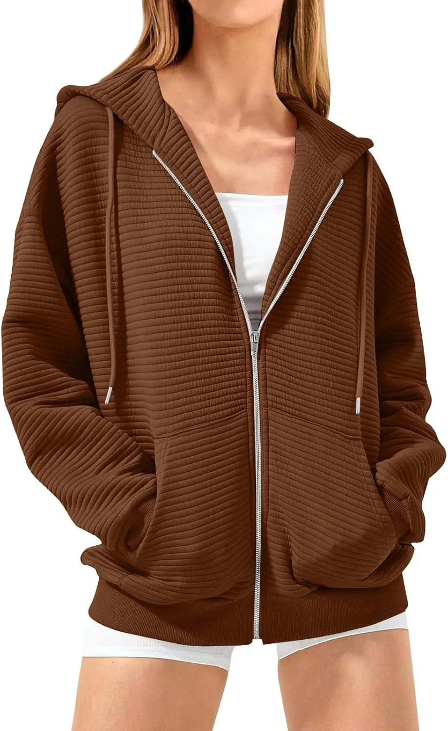 Womens Hoodie Full Zipper Casual Long Sleeve Hooded Solid Color Drawstring Pullover Drop Shoulder Tops Kangaroo Pocket