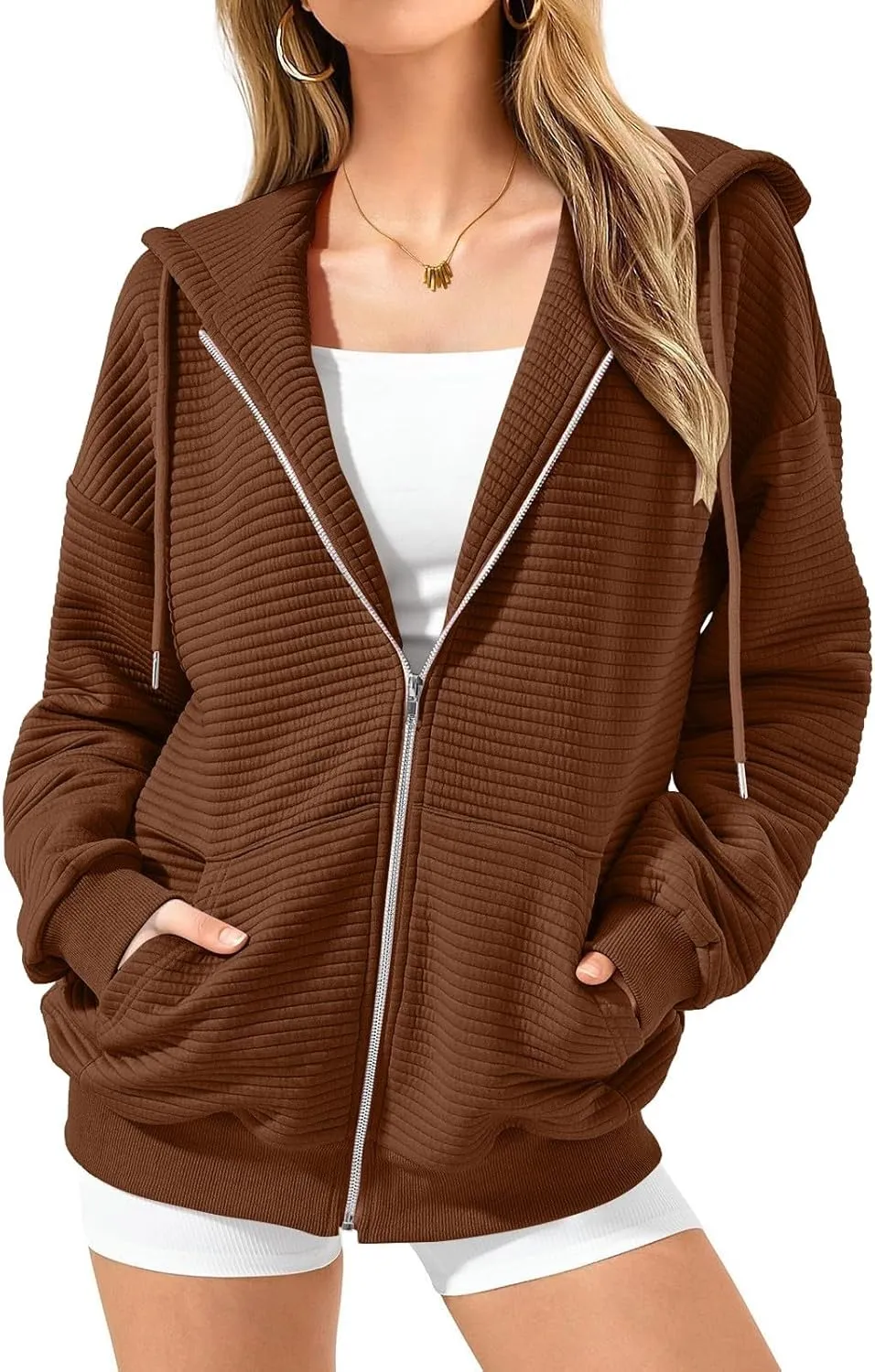 Womens Hoodie Full Zipper Casual Long Sleeve Hooded Solid Color Drawstring Pullover Drop Shoulder Tops Kangaroo Pocket