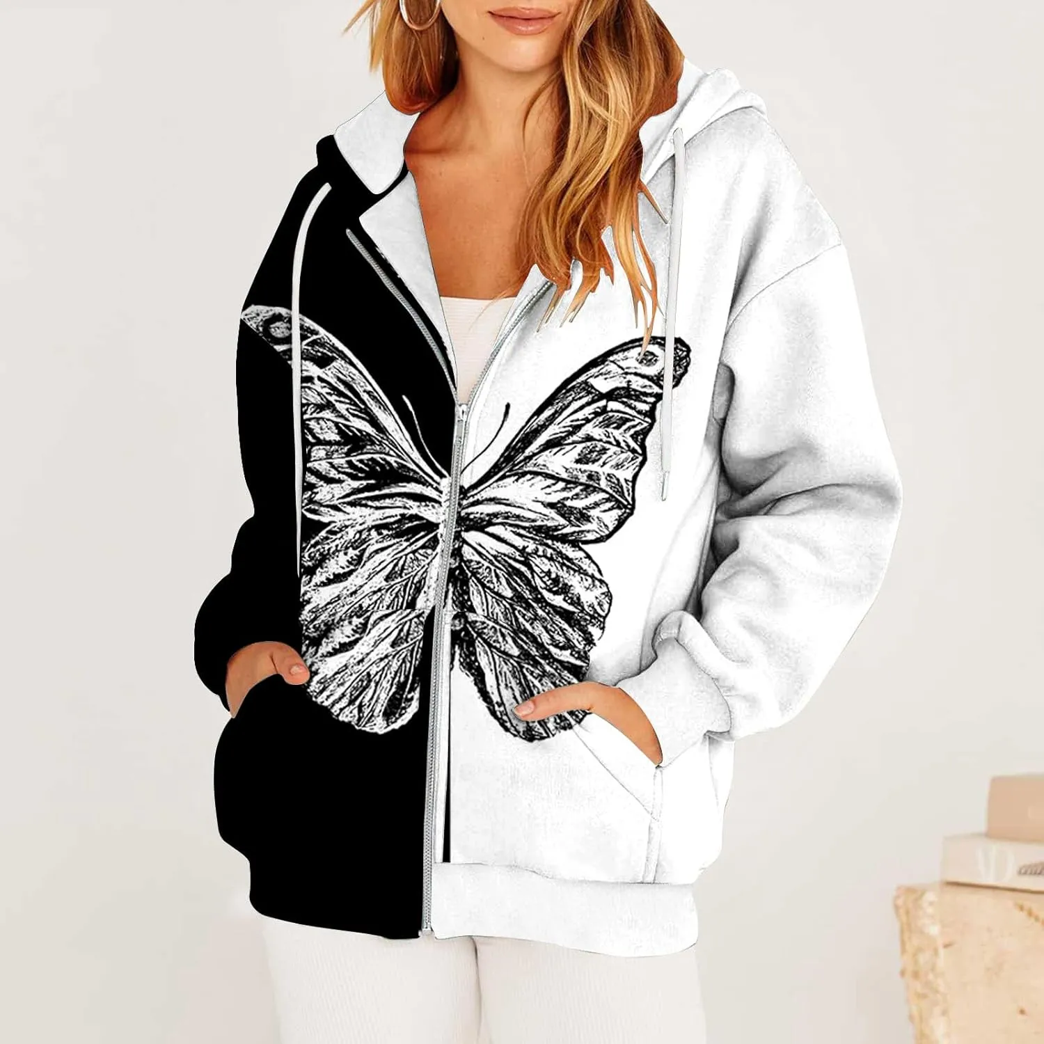 Women's Hoodie Sweatshirt Casual Cropped Jacket Butterfly Print Zip Up Coats 2024 Winter Warm Fleece Jackets Outwear