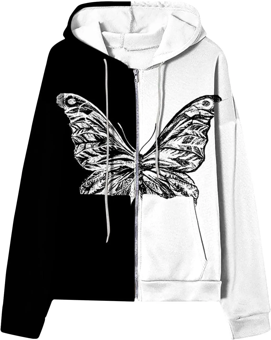 Women's Hoodie Sweatshirt Casual Cropped Jacket Butterfly Print Zip Up Coats 2024 Winter Warm Fleece Jackets Outwear
