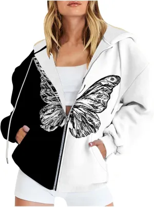Women's Hoodie Sweatshirt Casual Cropped Jacket Butterfly Print Zip Up Coats 2024 Winter Warm Fleece Jackets Outwear