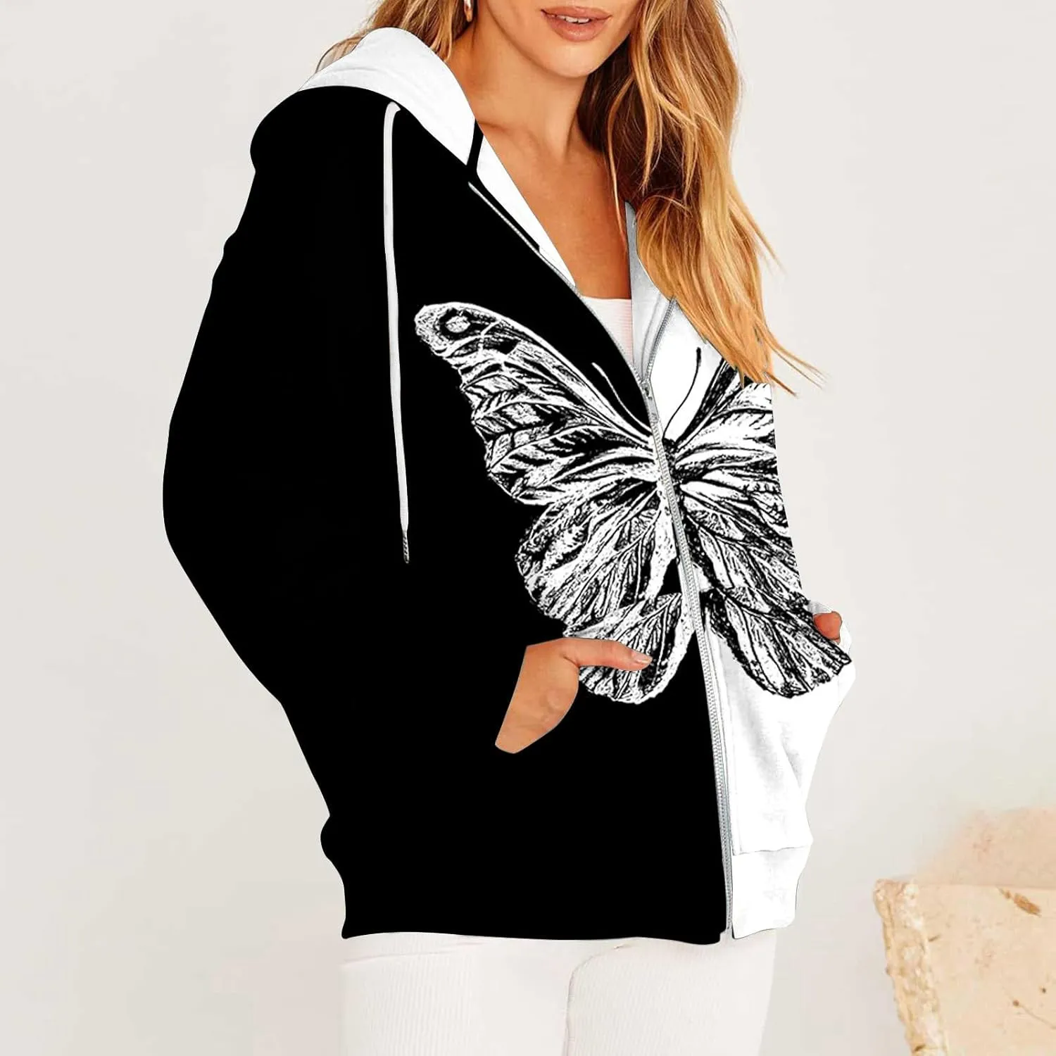 Women's Hoodie Sweatshirt Casual Cropped Jacket Butterfly Print Zip Up Coats 2024 Winter Warm Fleece Jackets Outwear
