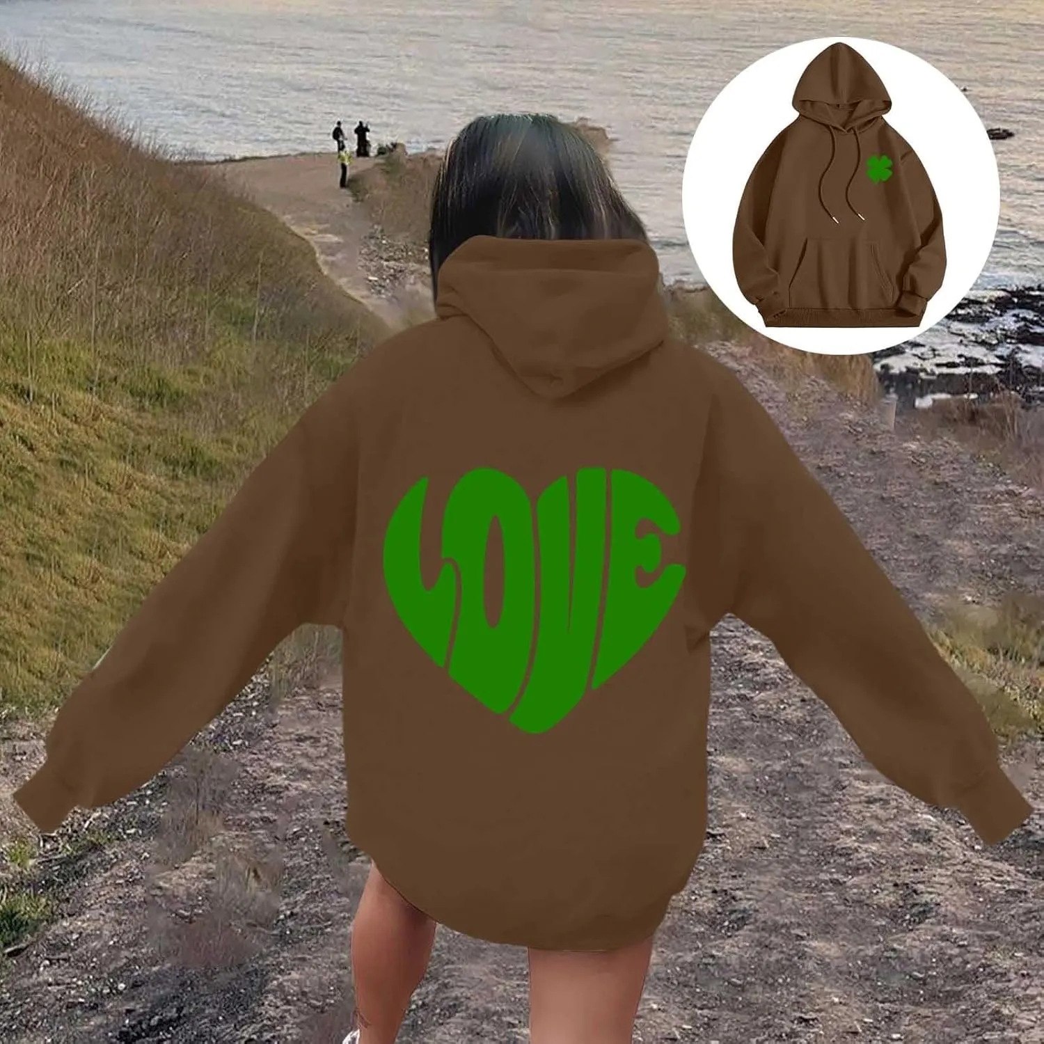 Women's Hoodies Heart Print Graphic Long Sleeve Oversized Sweatshirts Drawstring Pullover Top with Pockets