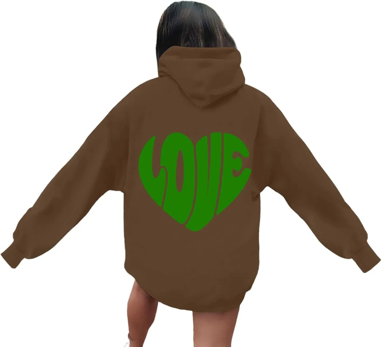 Women's Hoodies Heart Print Graphic Long Sleeve Oversized Sweatshirts Drawstring Pullover Top with Pockets
