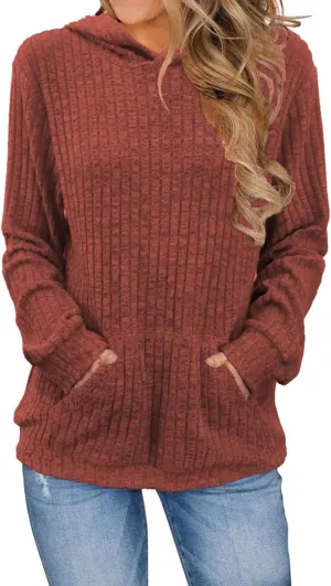 Womens Hoodies Long Sleeve Textured Knit Tops Lightweight Loose Fit Sweatshirt Casual Shirts with Kangaroo Pocket