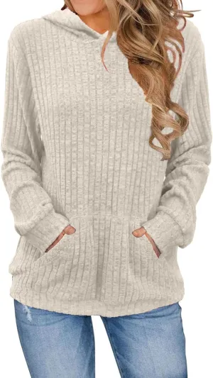 Womens Hoodies Long Sleeve Textured Knit Tops Lightweight Loose Fit Sweatshirt Casual Shirts with Kangaroo Pocket