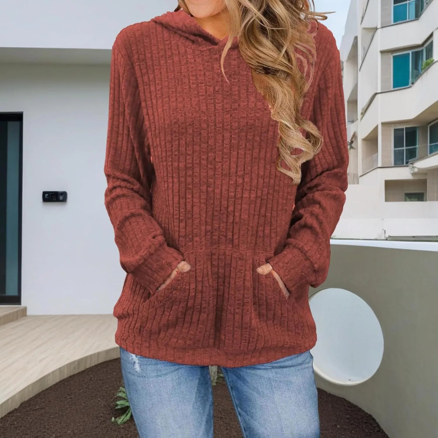 Womens Hoodies Long Sleeve Textured Knit Tops Lightweight Loose Fit Sweatshirt Casual Shirts with Kangaroo Pocket
