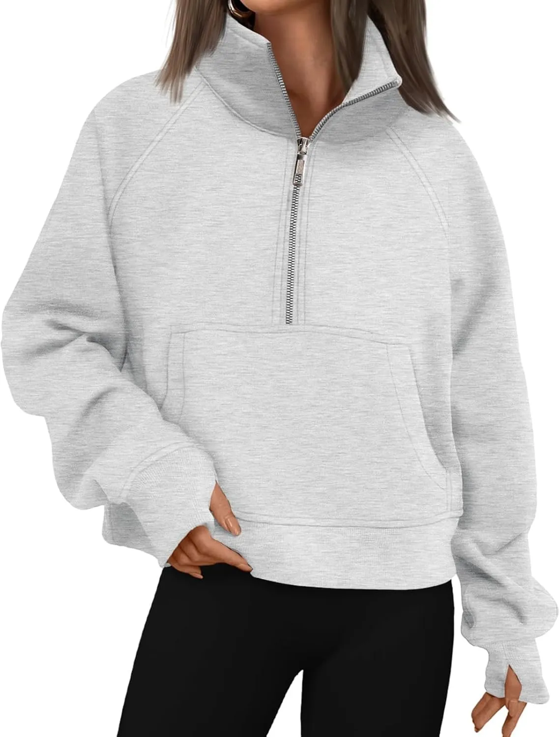Womens Hoodies Oversized Quarter Zip Pullover Cropped Fleece Sweatshirts with Pockets Fall Clothes Thumb Hole