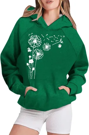 Womens Hoodies Trendy Graphic Pullover Hooded Sweatshirts Floral Print Oversized Casual Loose Workout Track Sweaters