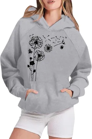Womens Hoodies Trendy Graphic Pullover Hooded Sweatshirts Floral Print Oversized Casual Loose Workout Track Sweaters