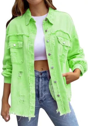 Women's Jean Jacket Oversized Boyfriend Button Up Long Sleeve Split Denim Jackets