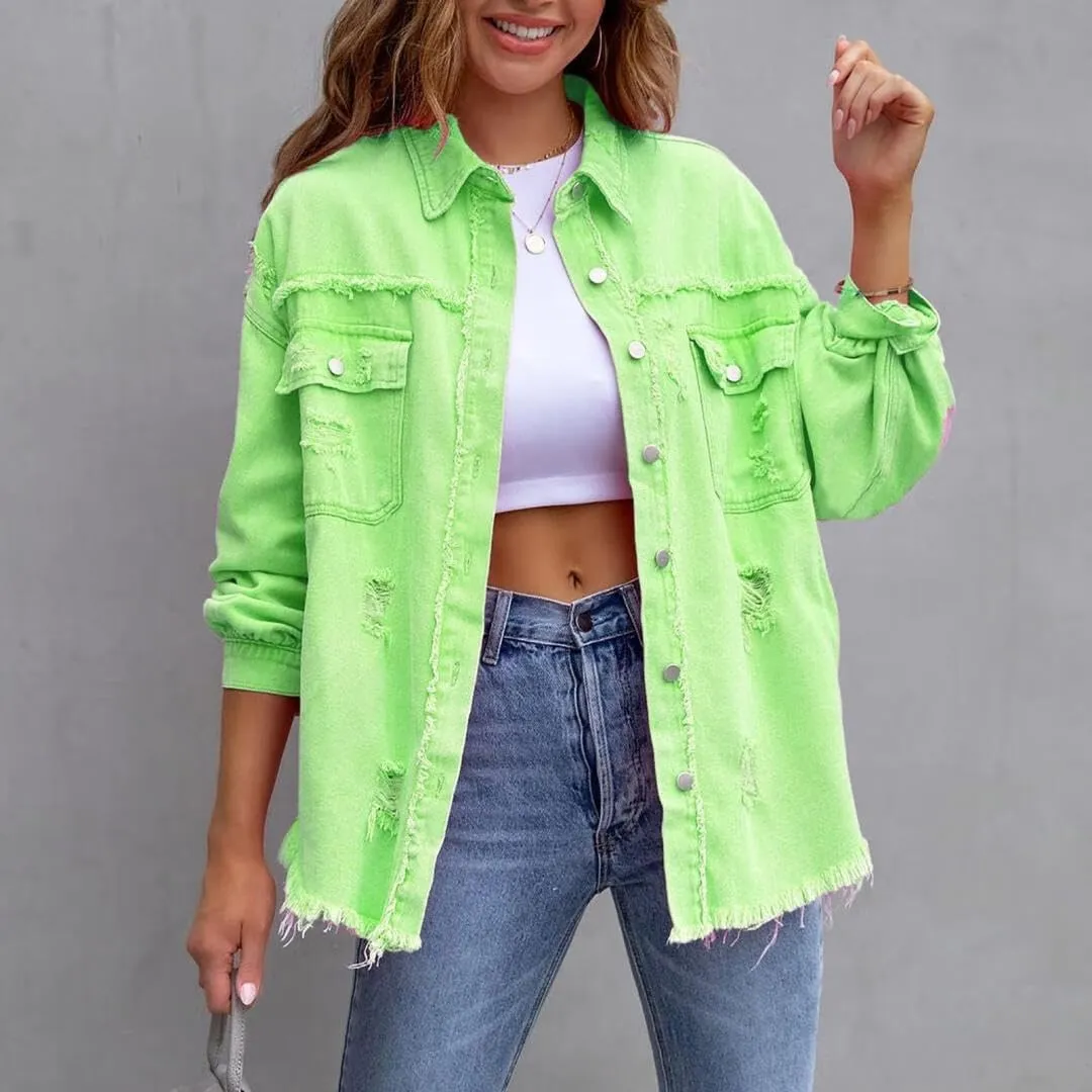 Women's Jean Jacket Oversized Boyfriend Button Up Long Sleeve Split Denim Jackets