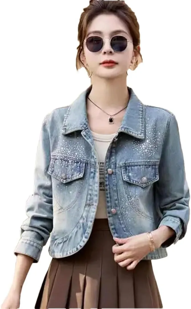 Women's Jeans Coats Crop Short Sequin Denim Jackets
