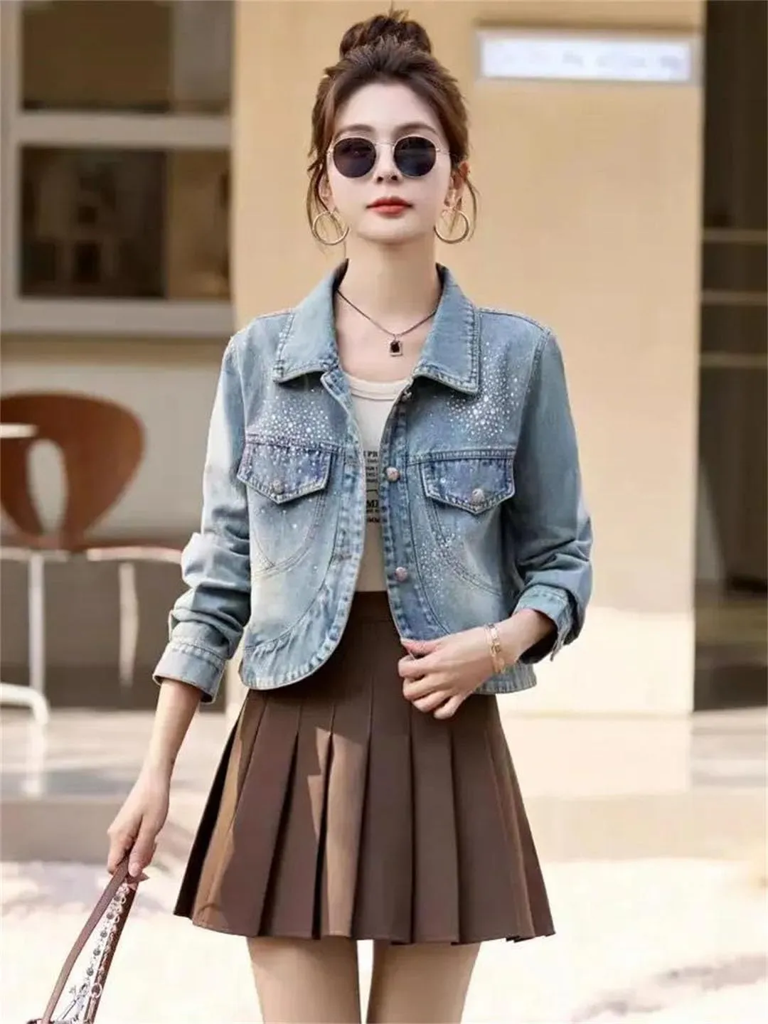Women's Jeans Coats Crop Short Sequin Denim Jackets