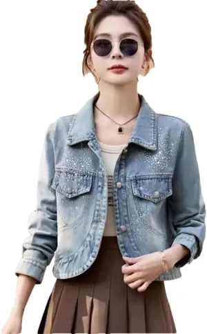 Women's Jeans Coats Crop Short Sequin Denim Jackets
