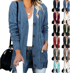 Womens Knit Cardigans Oversized Fall Open Front Button Down Cable Sweaters Loose V Neck Chunky Long Sleeve Outwear Coats