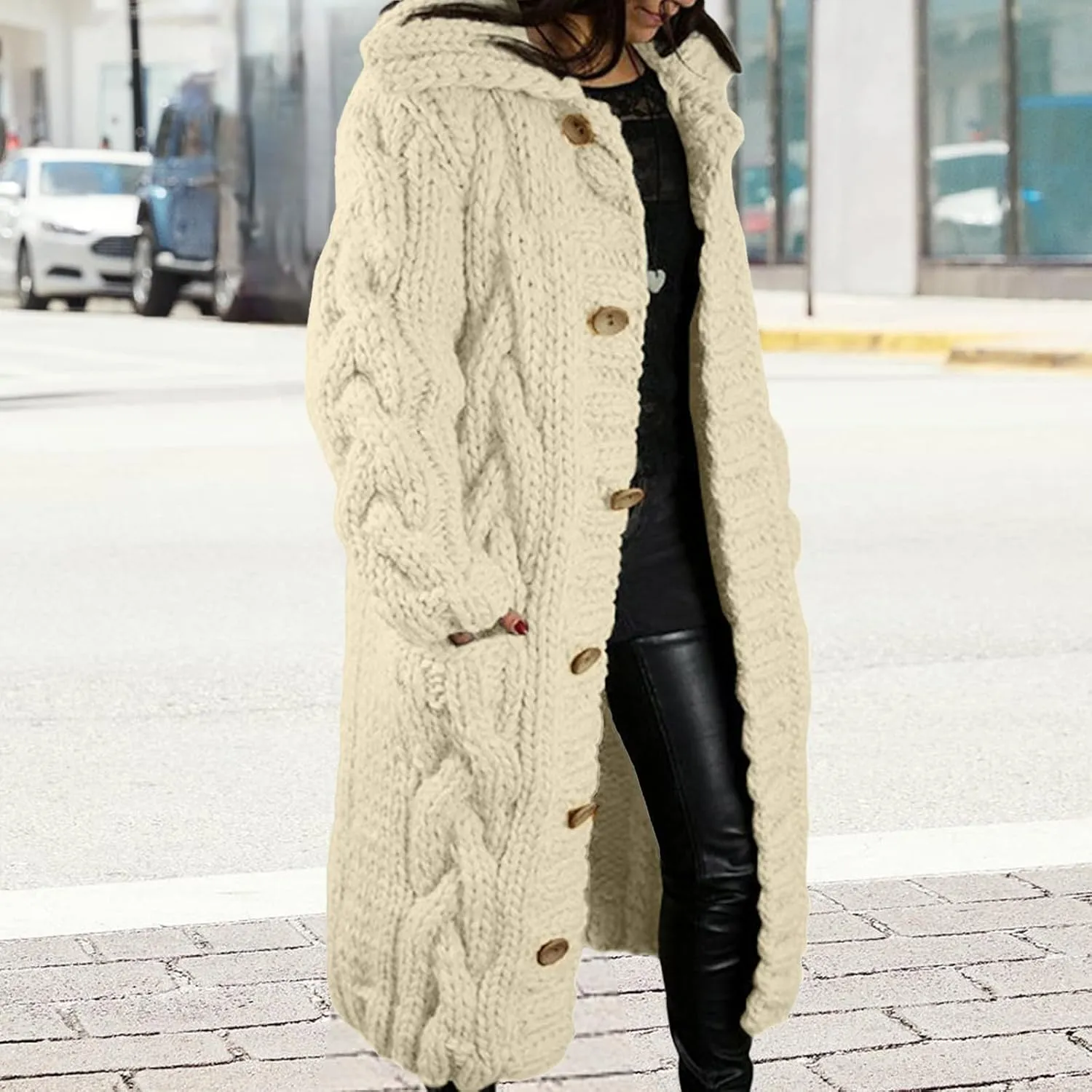 Women's Knitted Plus Size Maxi Hooded Long Cardigans Chunky Cable Thick Sweater Coat Knitted Open Front Cardigan