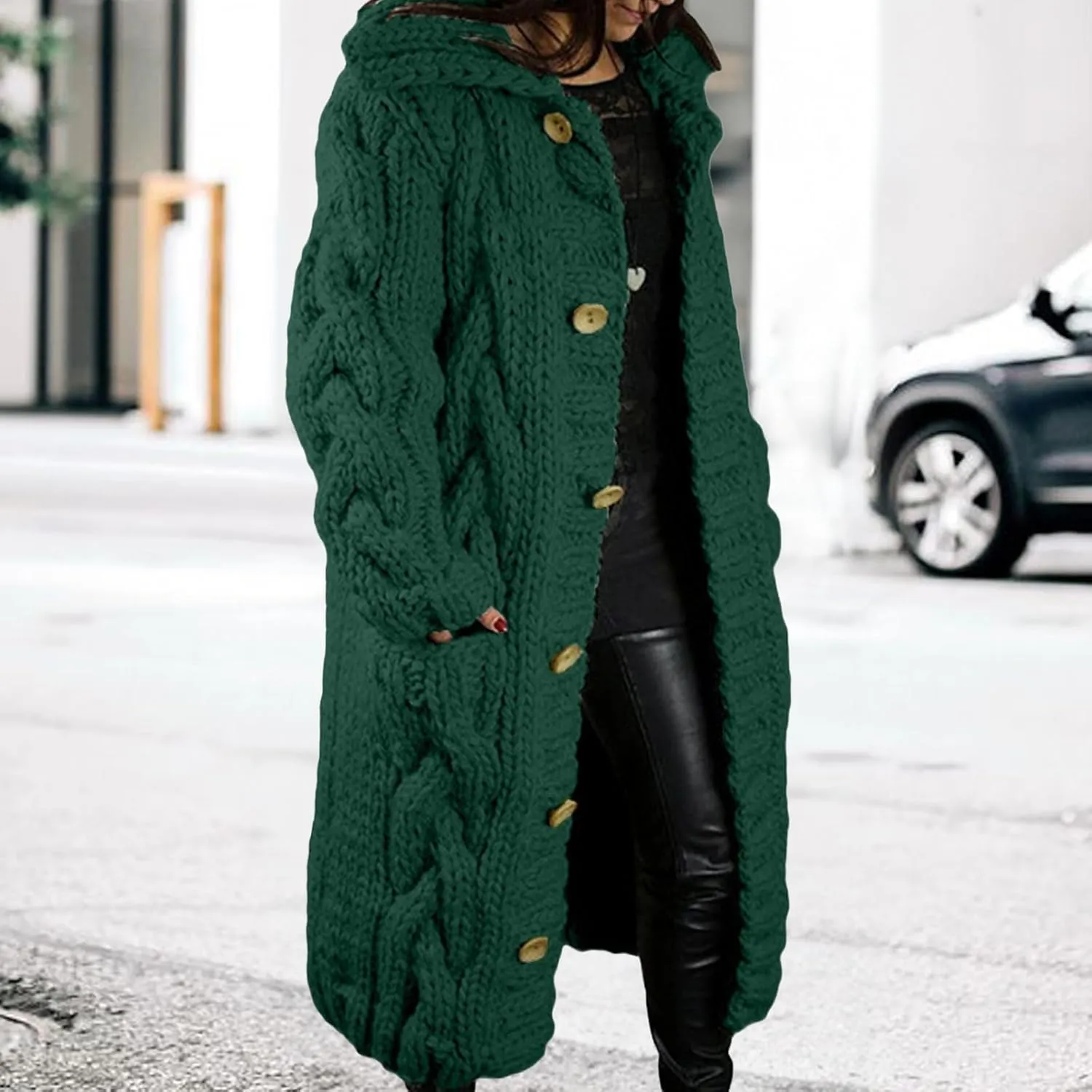 Women's Knitted Plus Size Maxi Hooded Long Cardigans Chunky Cable Thick Sweater Coat Knitted Open Front Cardigan