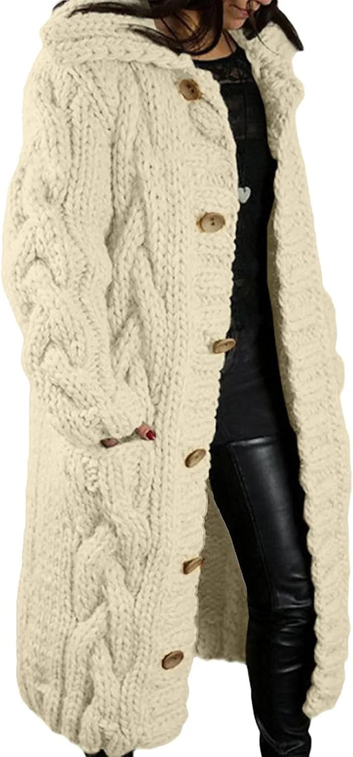 Women's Knitted Plus Size Maxi Hooded Long Cardigans Chunky Cable Thick Sweater Coat Knitted Open Front Cardigan