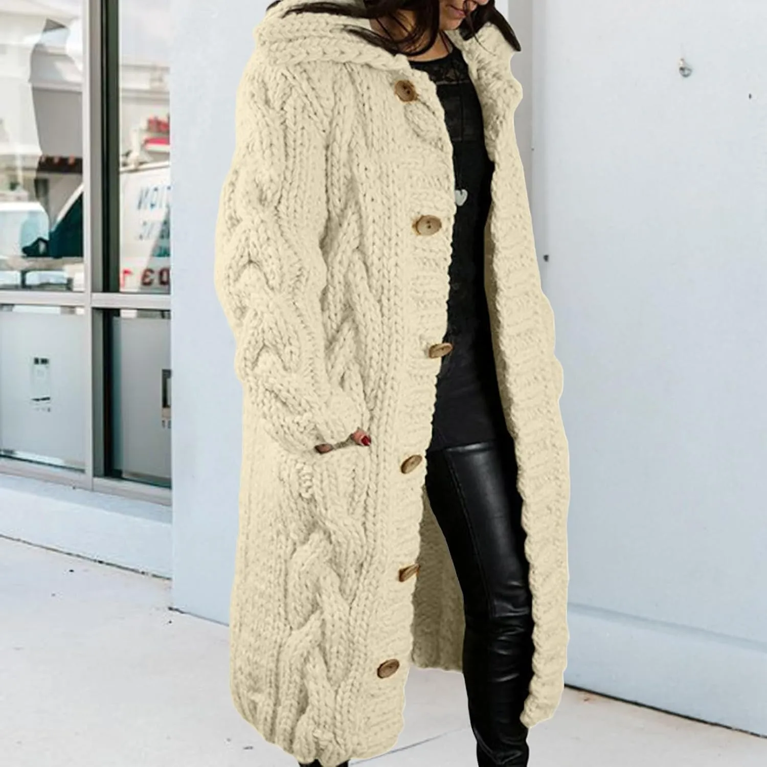Women's Knitted Plus Size Maxi Hooded Long Cardigans Chunky Cable Thick Sweater Coat Knitted Open Front Cardigan