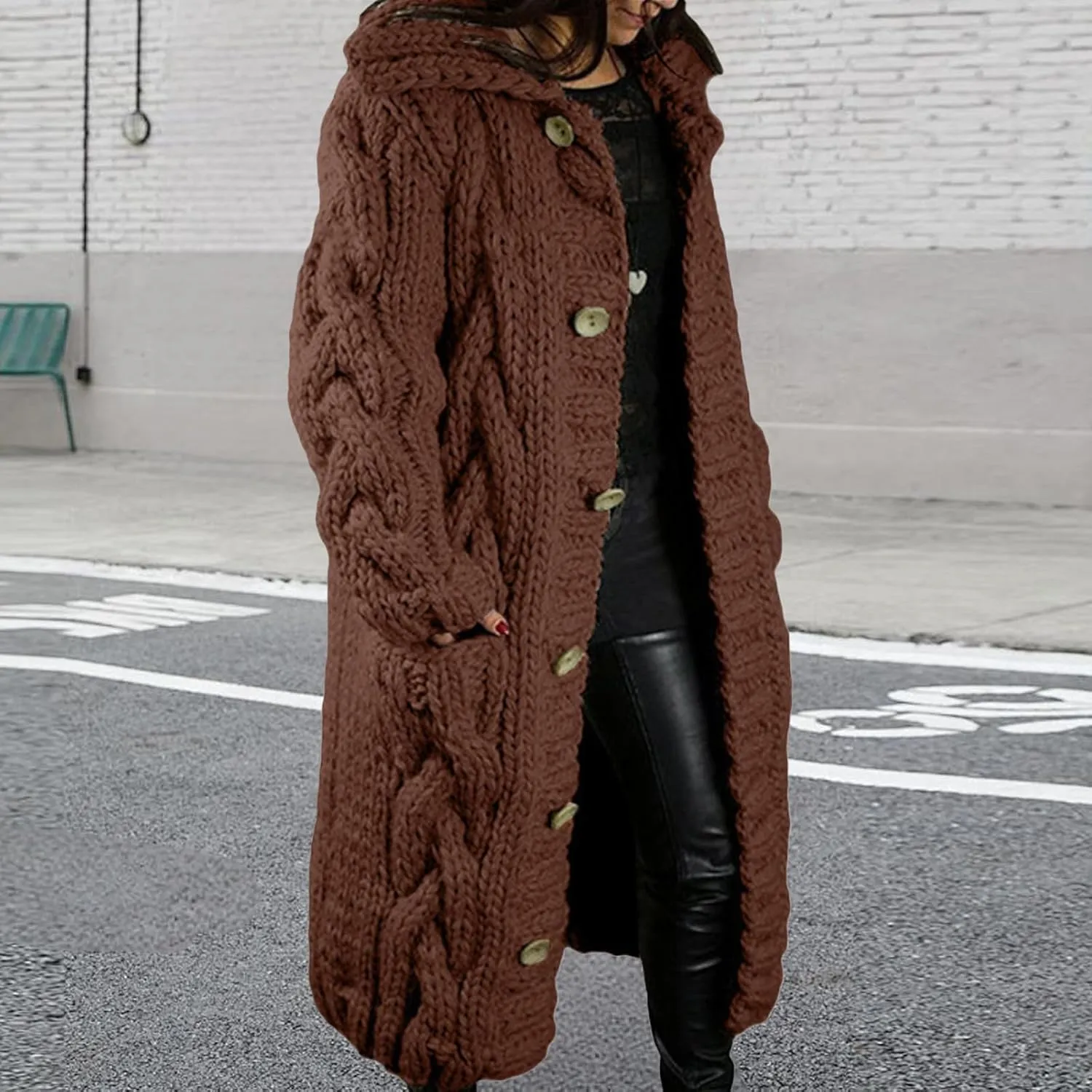 Women's Knitted Plus Size Maxi Hooded Long Cardigans Chunky Cable Thick Sweater Coat Knitted Open Front Cardigan