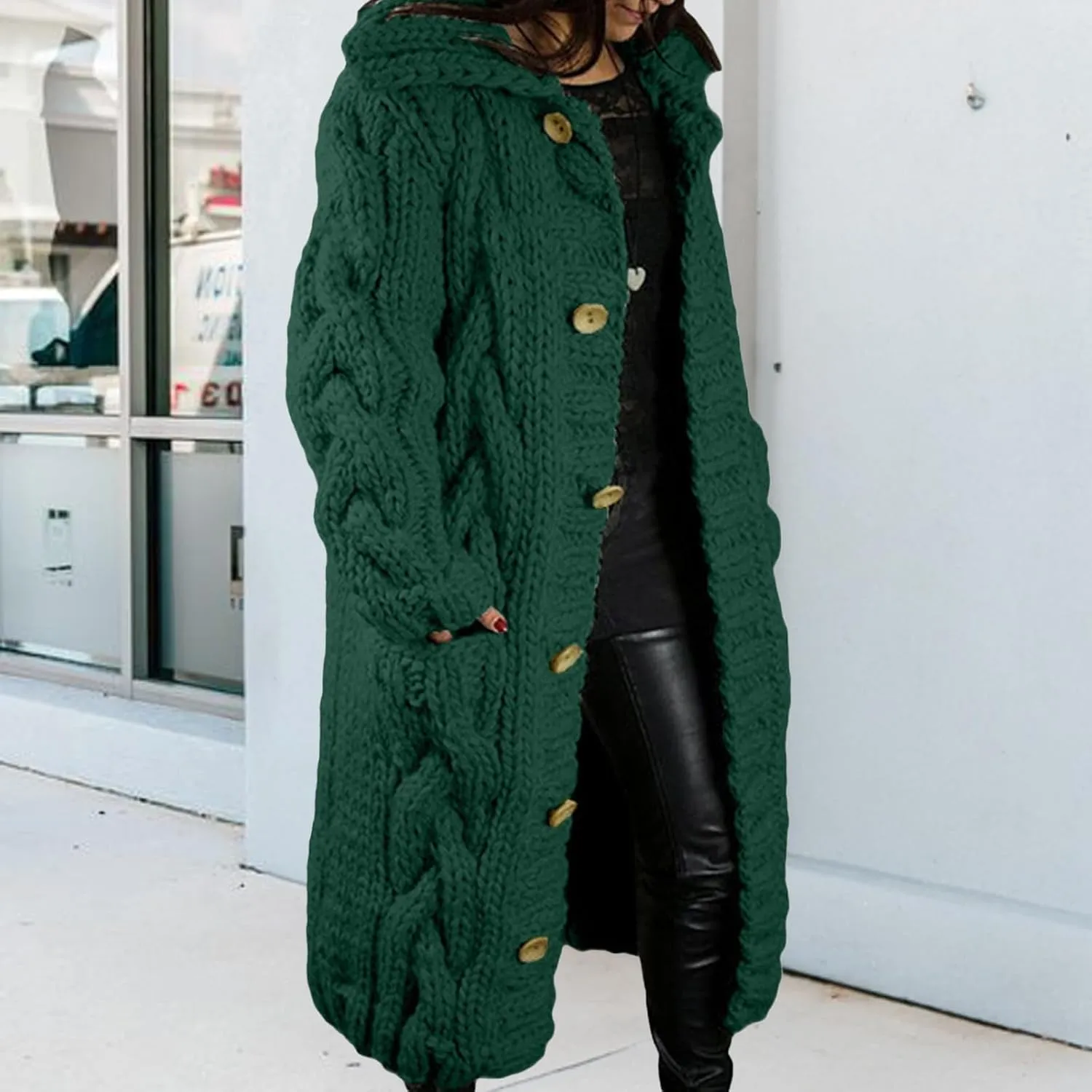 Women's Knitted Plus Size Maxi Hooded Long Cardigans Chunky Cable Thick Sweater Coat Knitted Open Front Cardigan