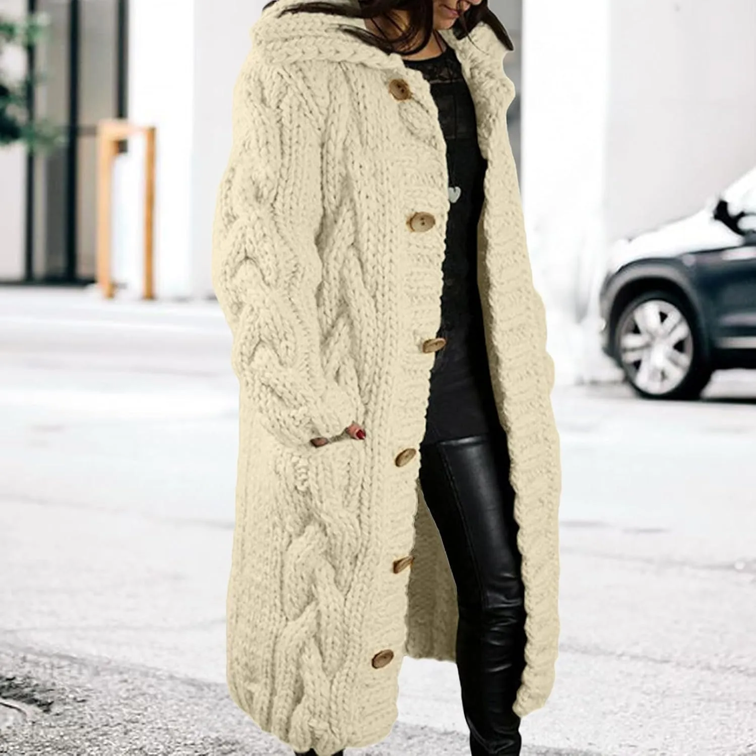 Women's Knitted Plus Size Maxi Hooded Long Cardigans Chunky Cable Thick Sweater Coat Knitted Open Front Cardigan