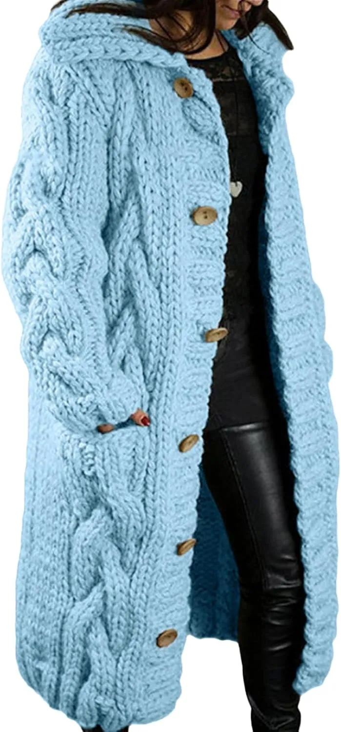 Women's Knitted Plus Size Maxi Hooded Long Cardigans Chunky Cable Thick Sweater Coat Knitted Open Front Cardigan