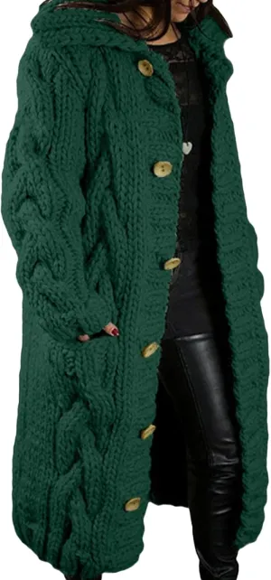 Women's Knitted Plus Size Maxi Hooded Long Cardigans Chunky Cable Thick Sweater Coat Knitted Open Front Cardigan