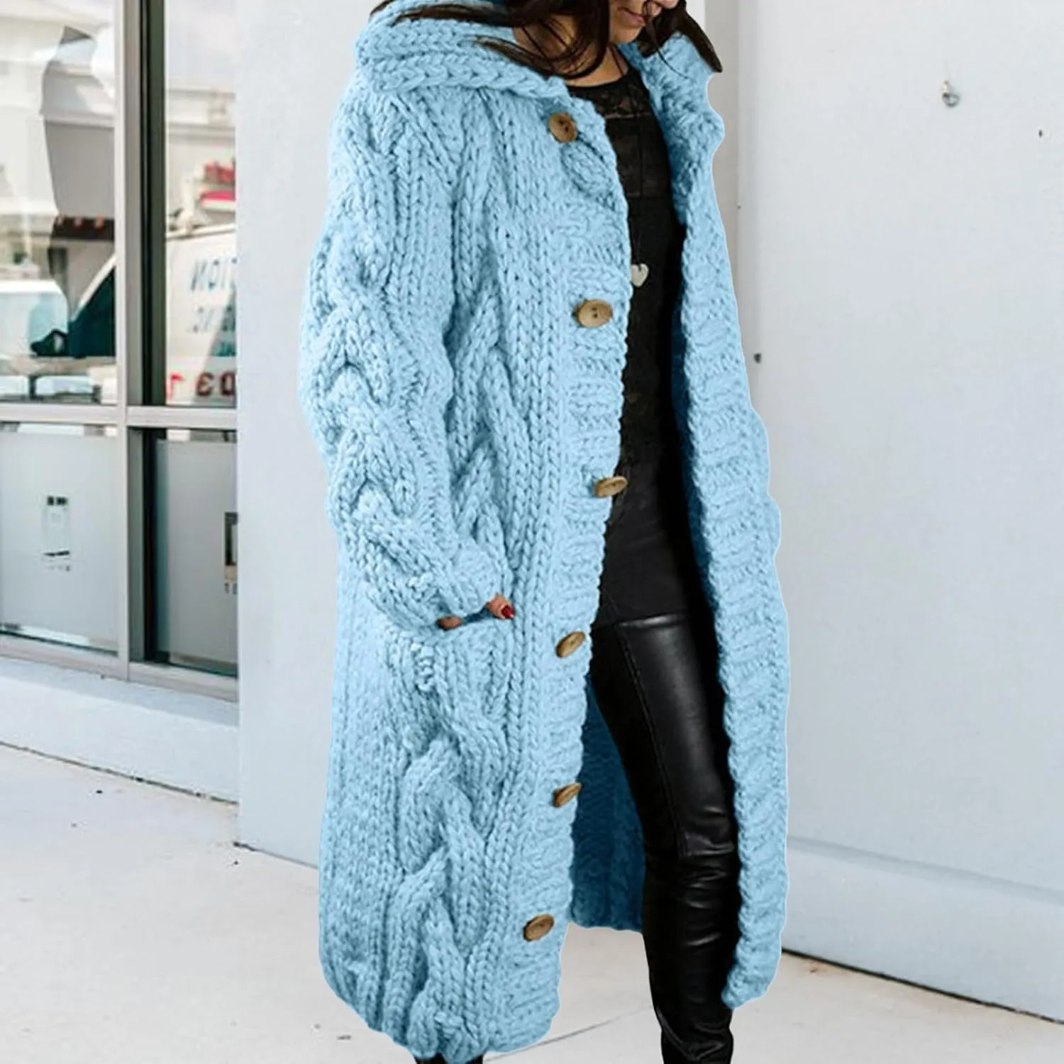 Women's Knitted Plus Size Maxi Hooded Long Cardigans Chunky Cable Thick Sweater Coat Knitted Open Front Cardigan