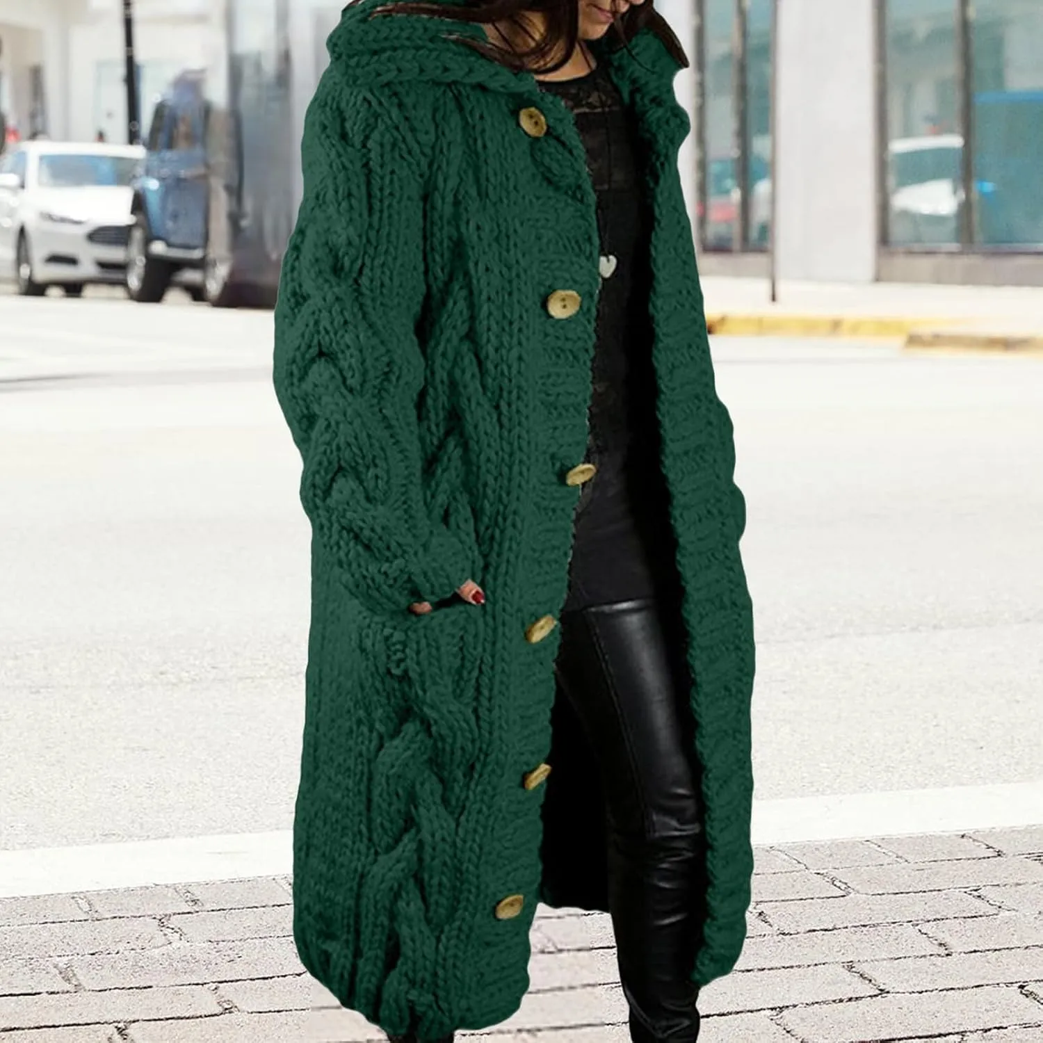 Women's Knitted Plus Size Maxi Hooded Long Cardigans Chunky Cable Thick Sweater Coat Knitted Open Front Cardigan
