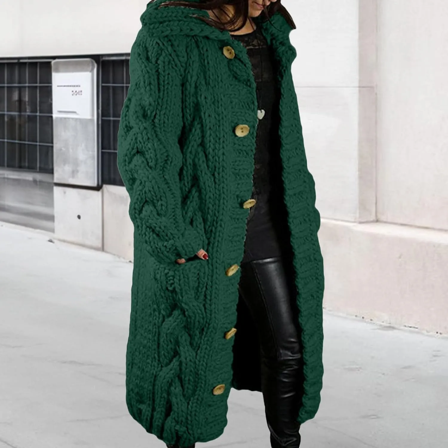 Women's Knitted Plus Size Maxi Hooded Long Cardigans Chunky Cable Thick Sweater Coat Knitted Open Front Cardigan