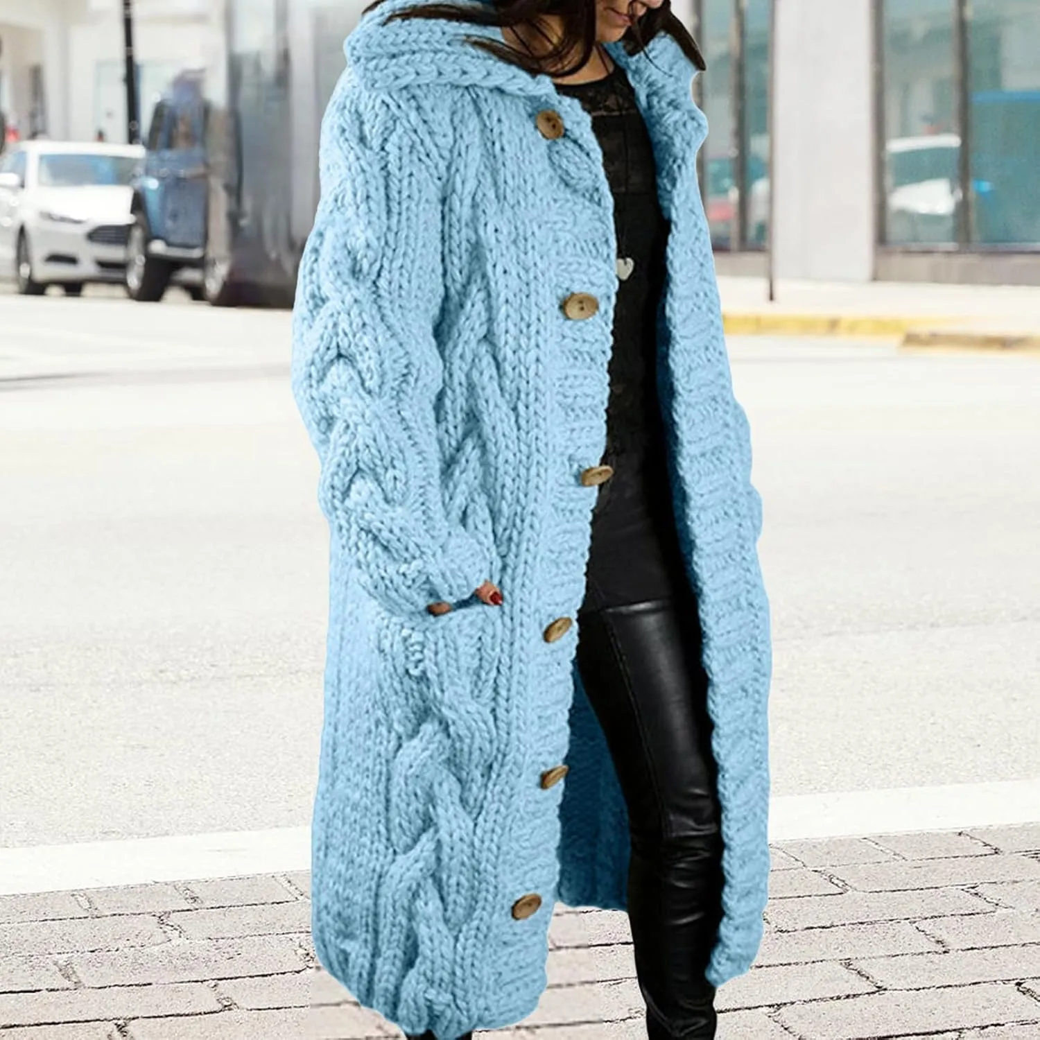 Women's Knitted Plus Size Maxi Hooded Long Cardigans Chunky Cable Thick Sweater Coat Knitted Open Front Cardigan