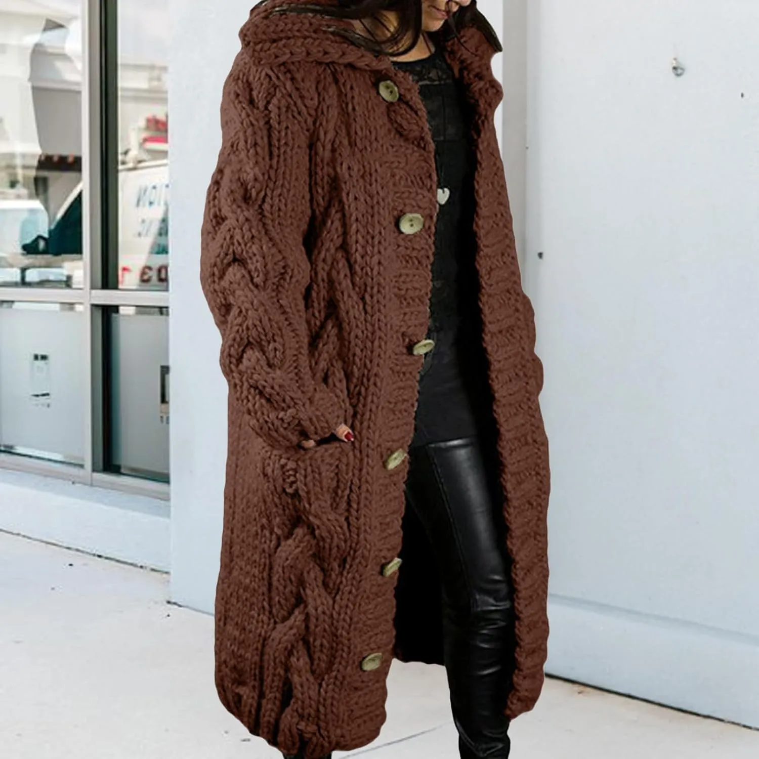 Women's Knitted Plus Size Maxi Hooded Long Cardigans Chunky Cable Thick Sweater Coat Knitted Open Front Cardigan