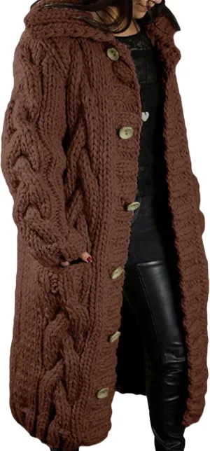 Women's Knitted Plus Size Maxi Hooded Long Cardigans Chunky Cable Thick Sweater Coat Knitted Open Front Cardigan
