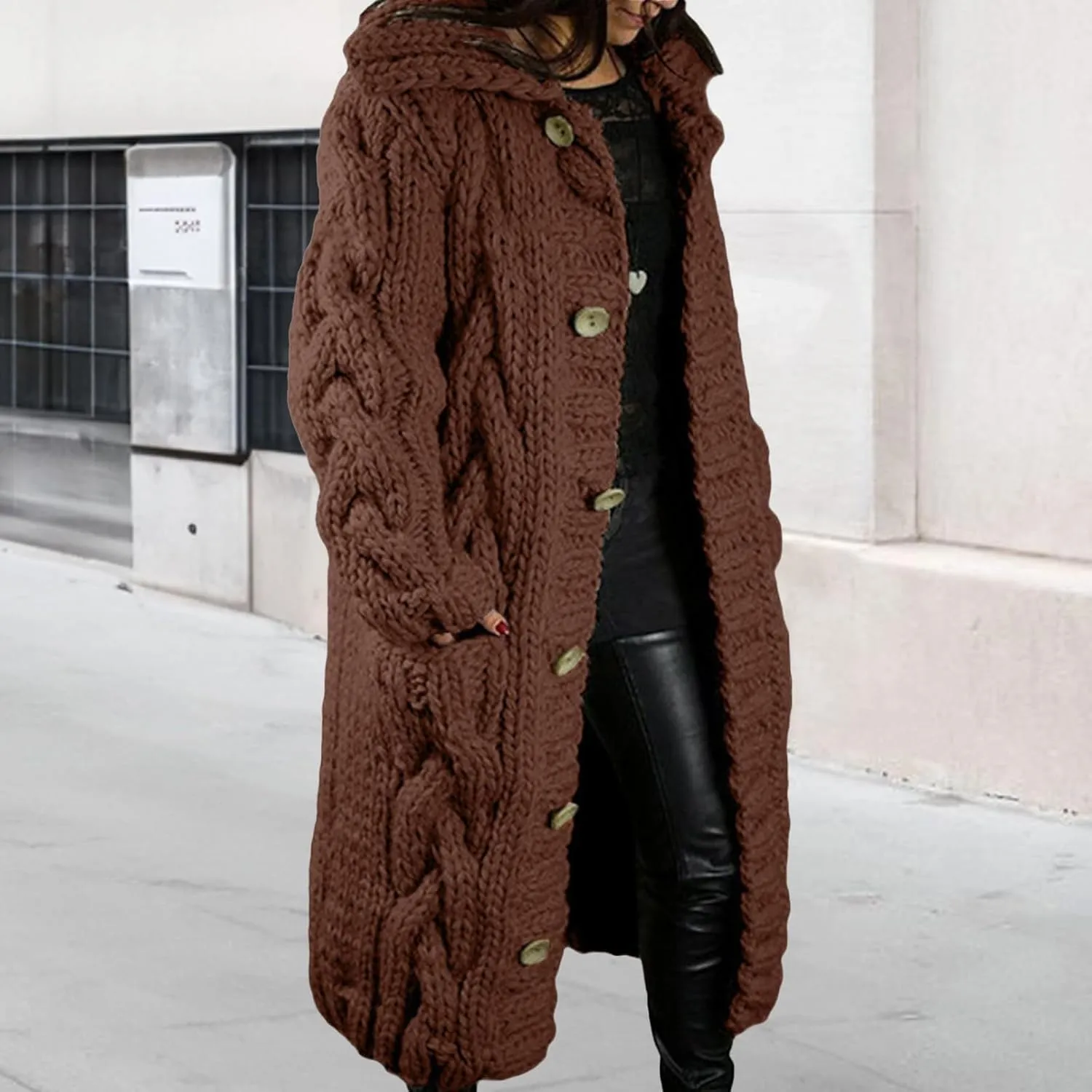 Women's Knitted Plus Size Maxi Hooded Long Cardigans Chunky Cable Thick Sweater Coat Knitted Open Front Cardigan