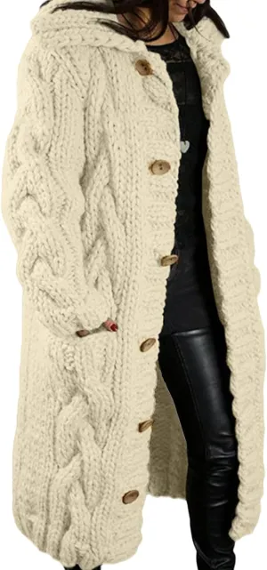 Women's Knitted Plus Size Maxi Hooded Long Cardigans Chunky Cable Thick Sweater Coat Knitted Open Front Cardigan
