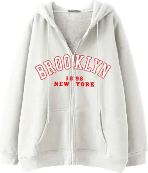 Women's Letter Print Sweatshirts Long Sleeve Zip Up Oversized Hoodie Casual Graphic Sporty Aesthetic Tops with Pockets