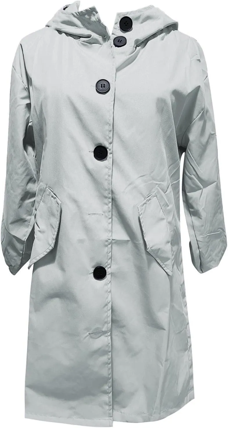 Womens Long Jacket Coats Button Notch Lapel Outdoor Trench Coat Oversized Winter Hooded Waterproof Rain Coats Outwear