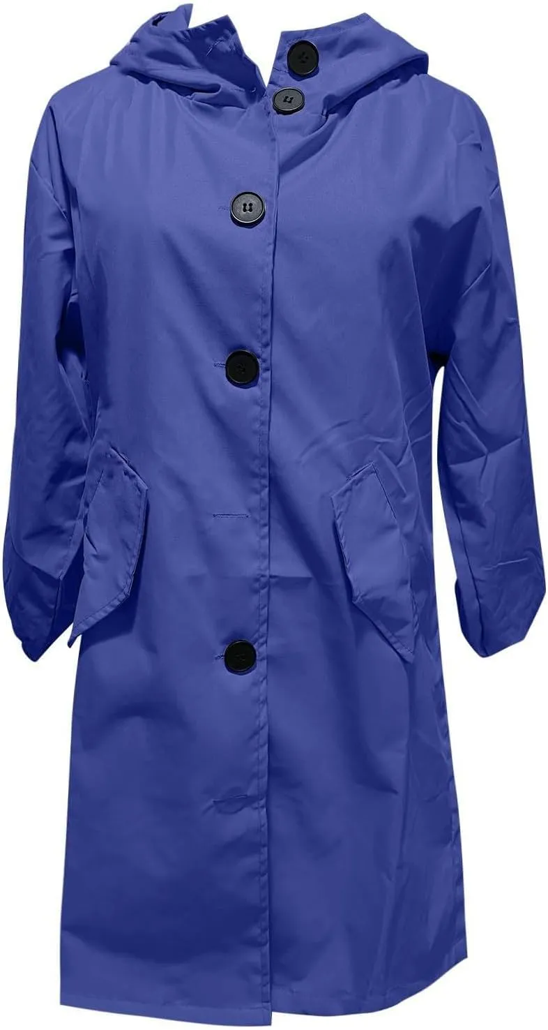 Womens Long Jacket Coats Button Notch Lapel Outdoor Trench Coat Oversized Winter Hooded Waterproof Rain Coats Outwear