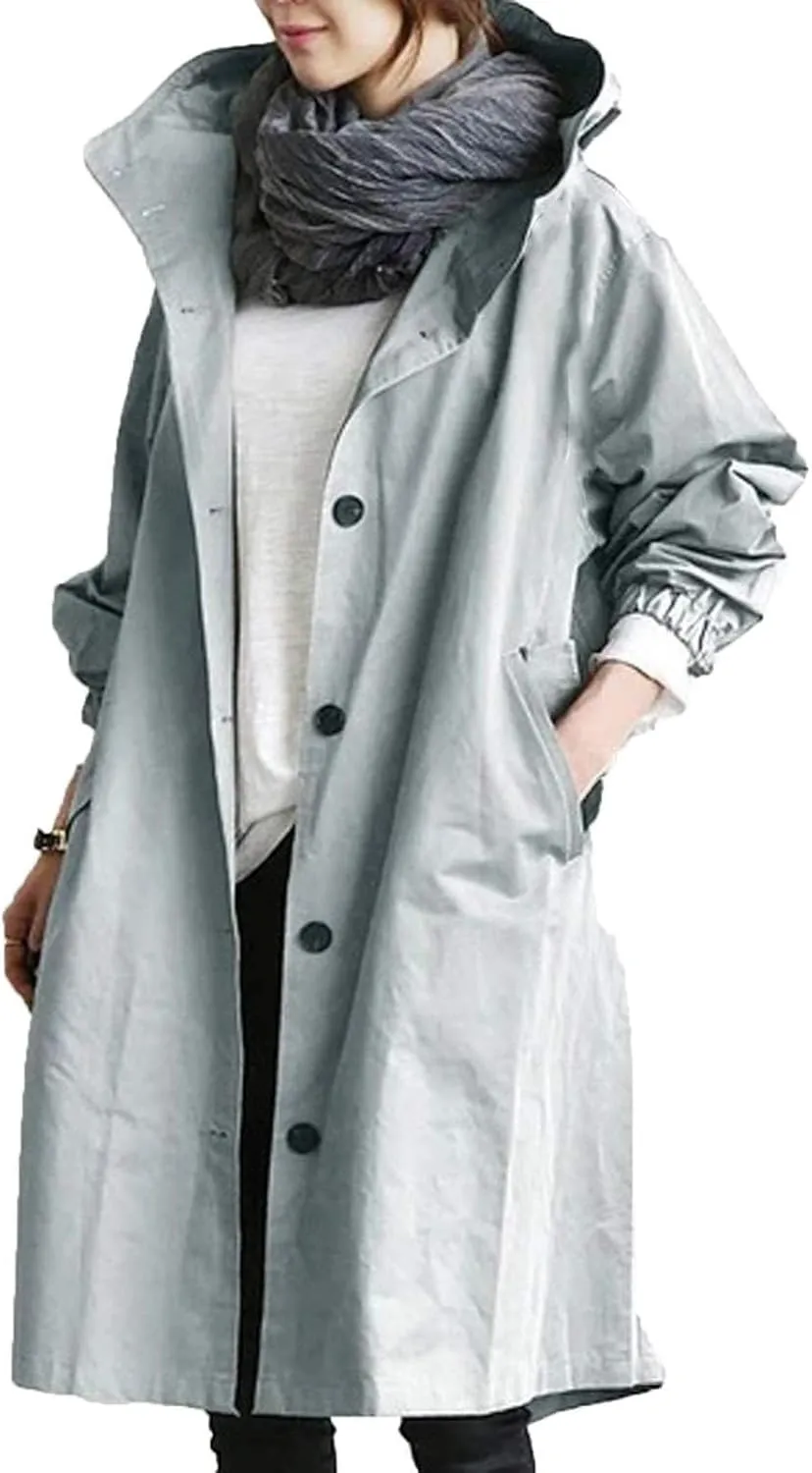 Womens Long Jacket Coats Button Notch Lapel Outdoor Trench Coat Oversized Winter Hooded Waterproof Rain Coats Outwear