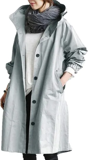 Womens Long Jacket Coats Button Notch Lapel Outdoor Trench Coat Oversized Winter Hooded Waterproof Rain Coats Outwear