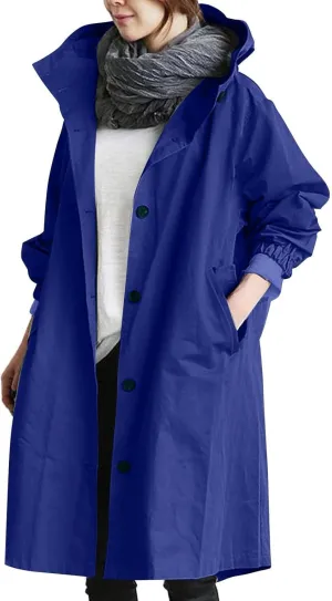 Womens Long Jacket Coats Button Notch Lapel Outdoor Trench Coat Oversized Winter Hooded Waterproof Rain Coats Outwear
