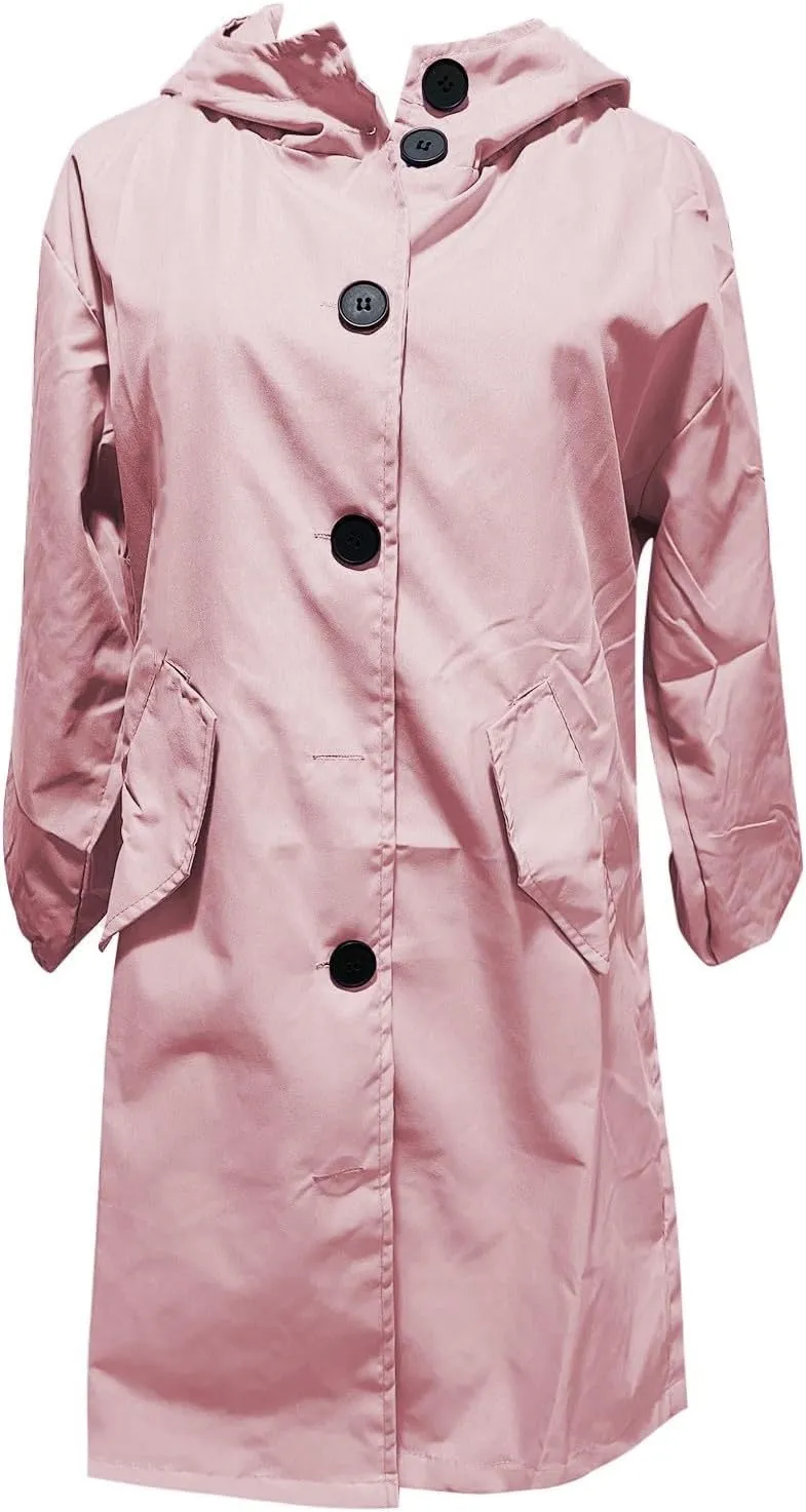 Womens Long Jacket Coats Button Notch Lapel Outdoor Trench Coat Oversized Winter Hooded Waterproof Rain Coats Outwear