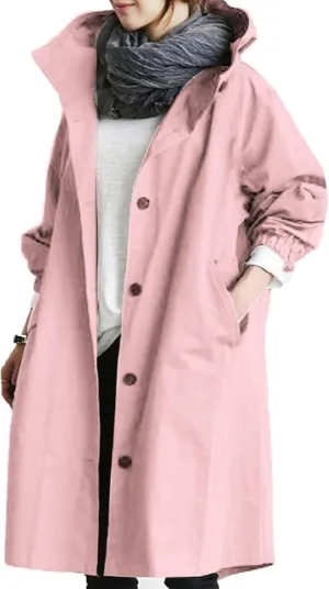 Womens Long Jacket Coats Button Notch Lapel Outdoor Trench Coat Oversized Winter Hooded Waterproof Rain Coats Outwear