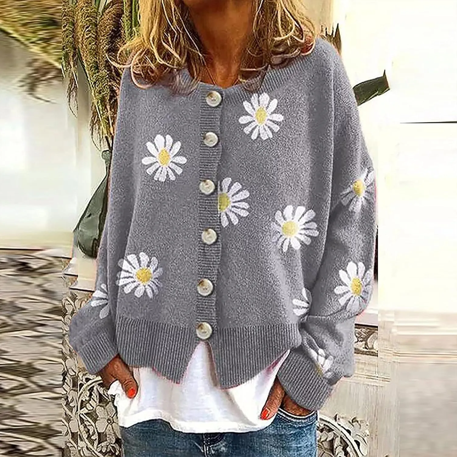 Womens Long Sleeve Button Cropped Cardigans Cute Flower Graphic Cardigan Fashion Casual Sweater Coat