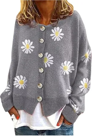 Womens Long Sleeve Button Cropped Cardigans Cute Flower Graphic Cardigan Fashion Casual Sweater Coat