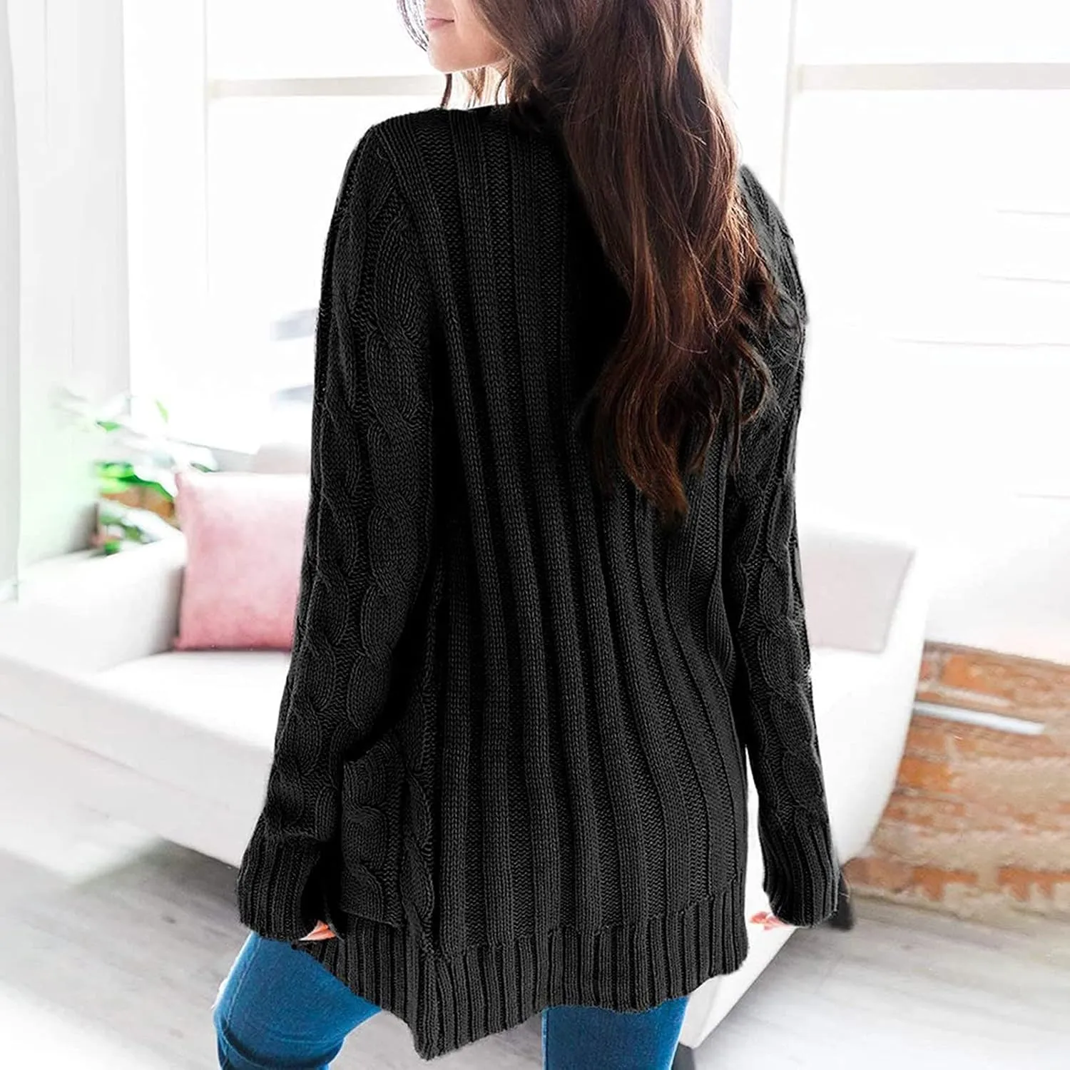 Womens Long Sleeve Cable Knit Cardigan Button Down Open Front Sweater Outerwear Fall Winter Chunky Coats