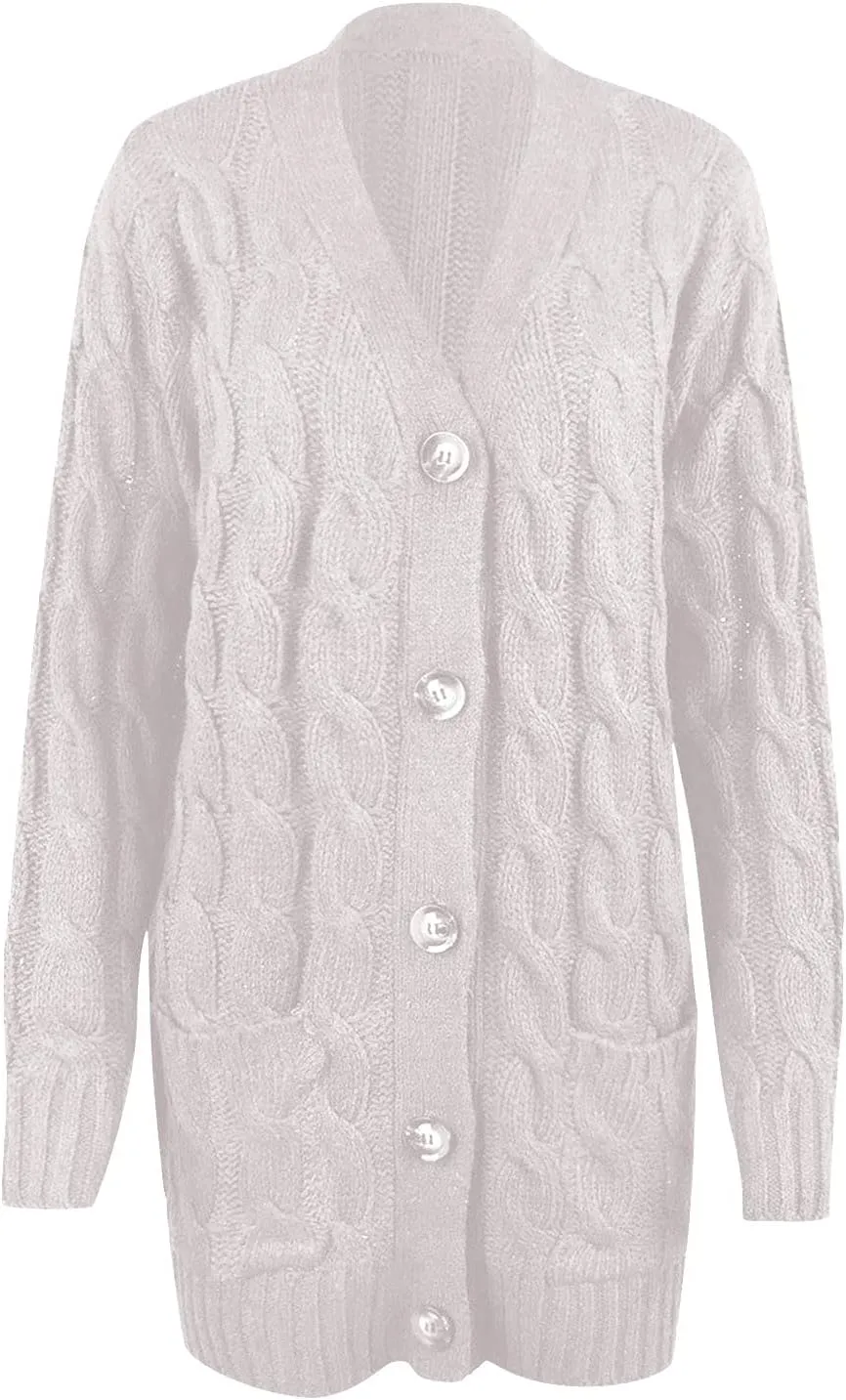 Womens Long Sleeve Cable Knit Cardigan Button Down Open Front Sweater Outerwear Fall Winter Chunky Coats